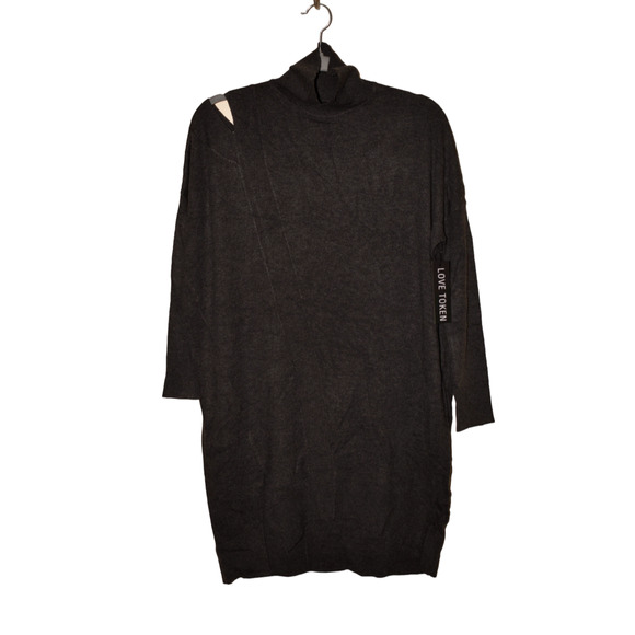 LOVE TOKEN NEW $148 Cut-Out Shoulder Mock Neck Tunic Sweater Charcoal XS - Picture 1 of 3